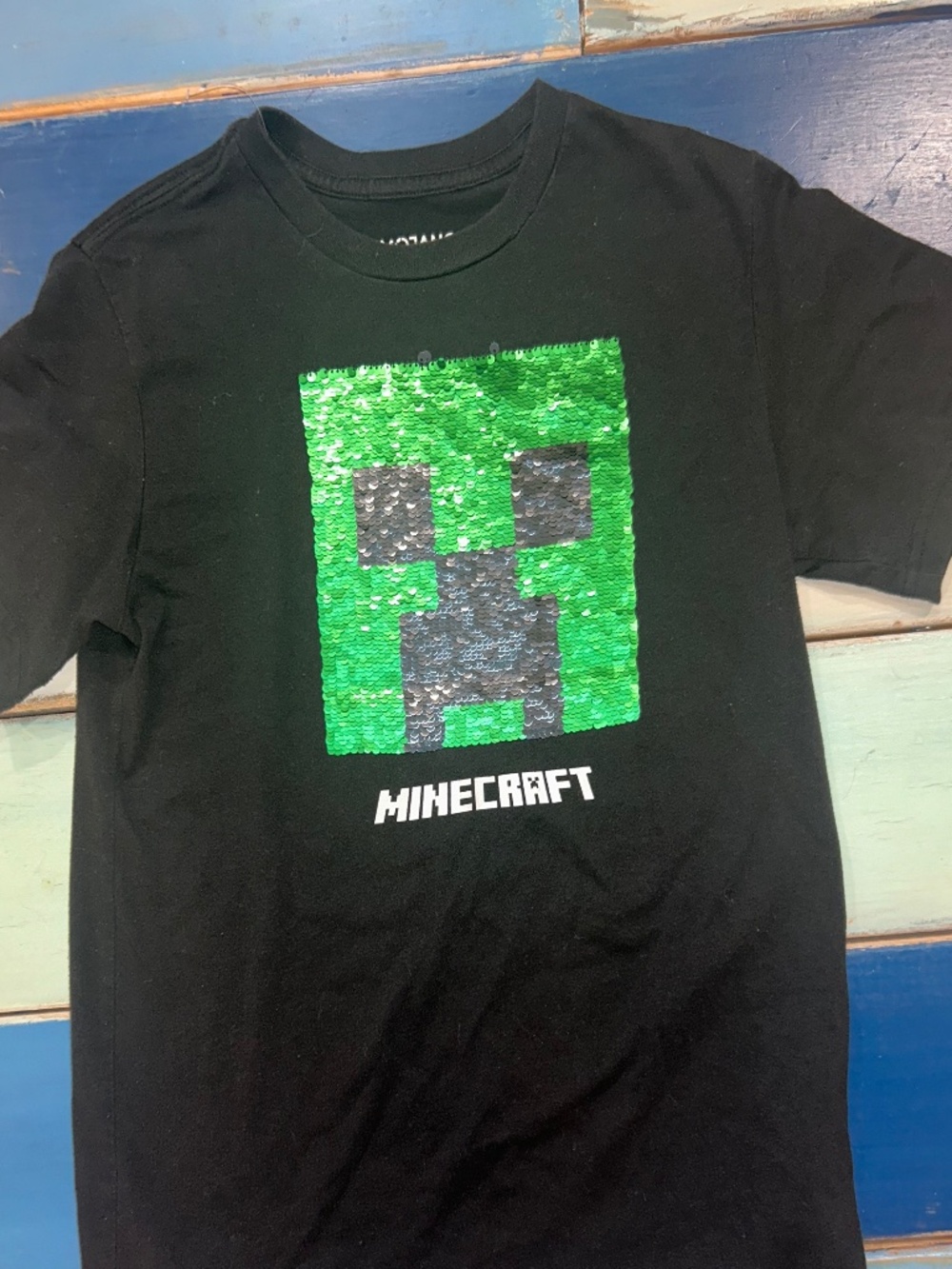 Minecraft Creeper Flip Sequin T-Shirt Youth Large 10/12 Black Graphic Gamer Tee